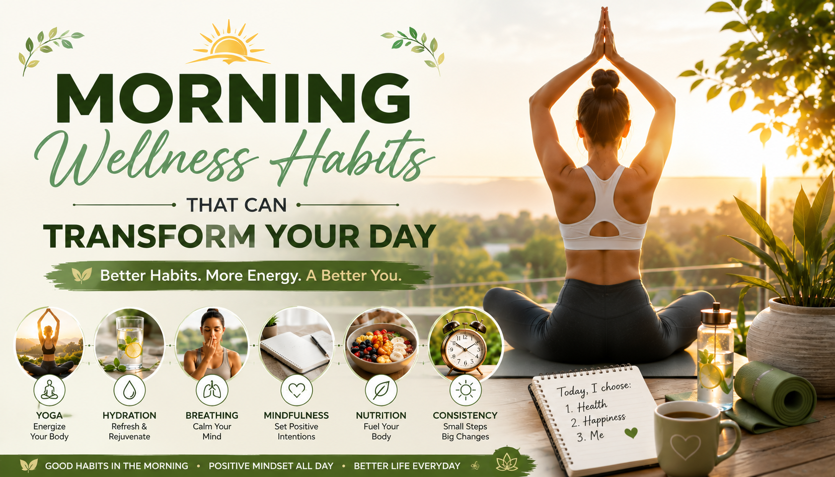 Discover powerful morning wellness habits including yoga, hydration, breathing exercises, and mindfulness practices that boost energy and focus.